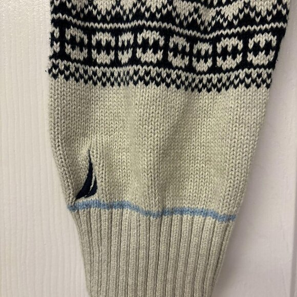 Nautica Men's L Shawl Collar Raglan Sleeve Sweater, Tan w/ Black Print, EUC - Picture 9 of 10